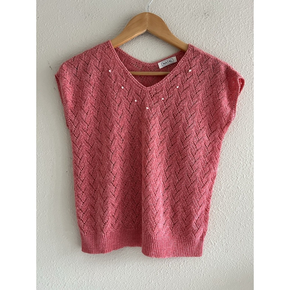 Vintage Natal Crochet Knit Pink Top Small Beaded Pearl Feminine Romantic Cottage